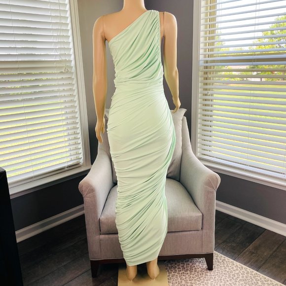 NORMA KAMALI Diana One Shoulder Ruched Stretch Jersey Gown Color:Seafoam Med/38 - Picture 8 of 11
